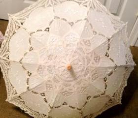 Handmade Vintage Battenburg Ivory Lace Parasol Umbrella for Bridal Flower Girl Wedding Decoration