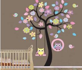 Colorful Owl Swing Tree Birds Flowers Nursery Wall Decor Decals Baby Boy Girl Room Wall Sticker Murals