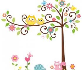Baby Love Owl Tree Birds Flower Wall Decal Kids Room Nursery Removable Wall Mural