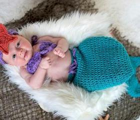 Newborn Mermaid Tail Cocoon Costume Baby Girl Flower Headband Crochet Knit Beanie Hat Photography Photo Props